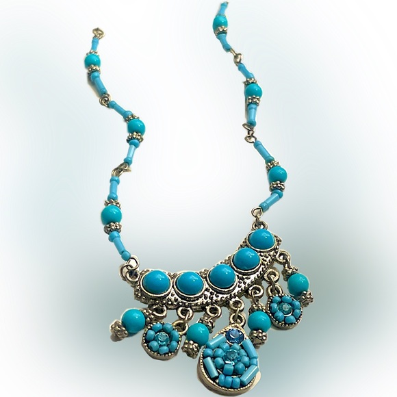 VTG Tribal Turquoise & Aqua Hand-Beaded Necklace W/Silver Accents Aqua Crystals - Picture 5 of 5